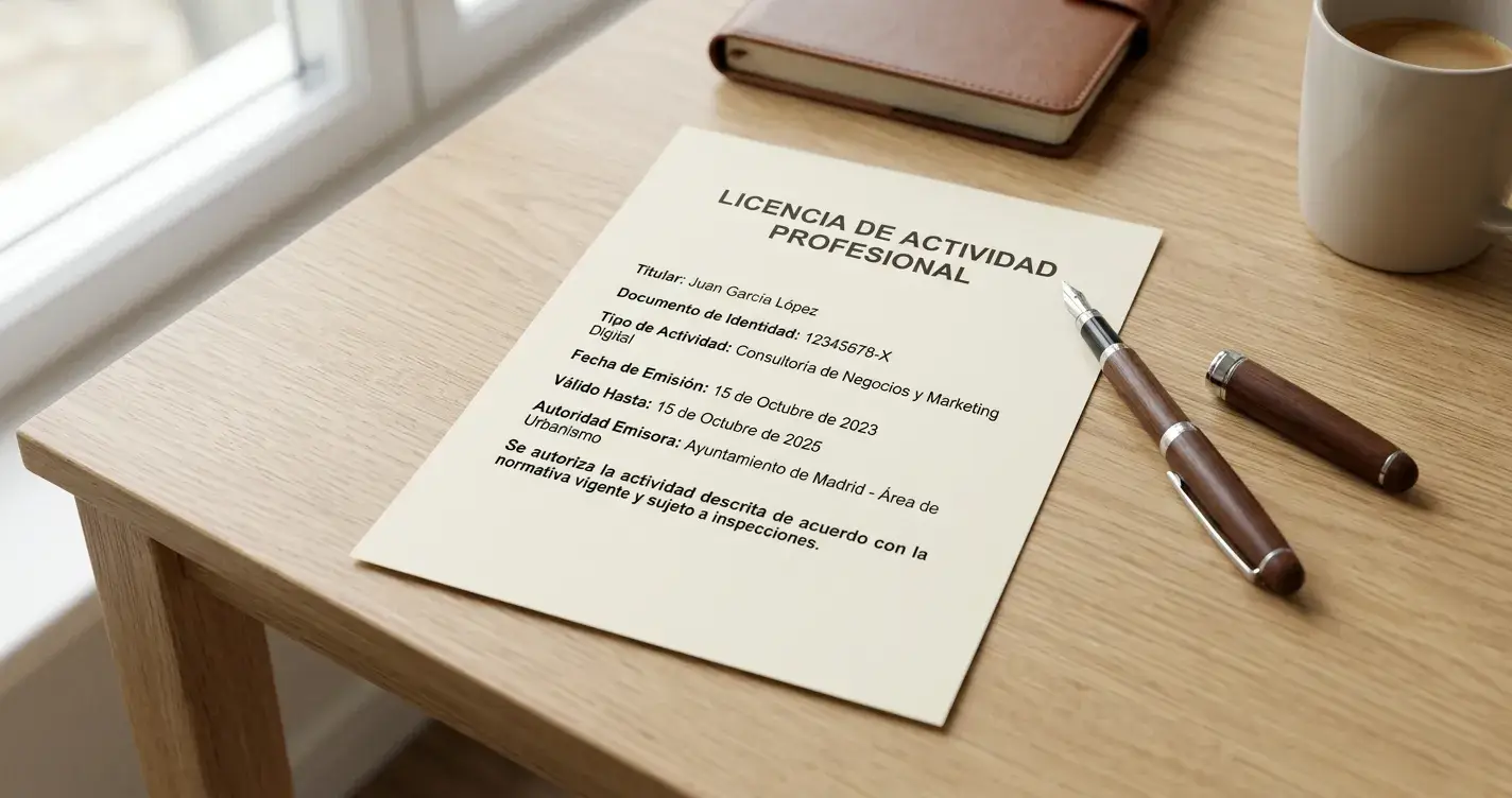 Persona revisando un documento oficial de licencia en un escritorio ordenado con certificados al fondo