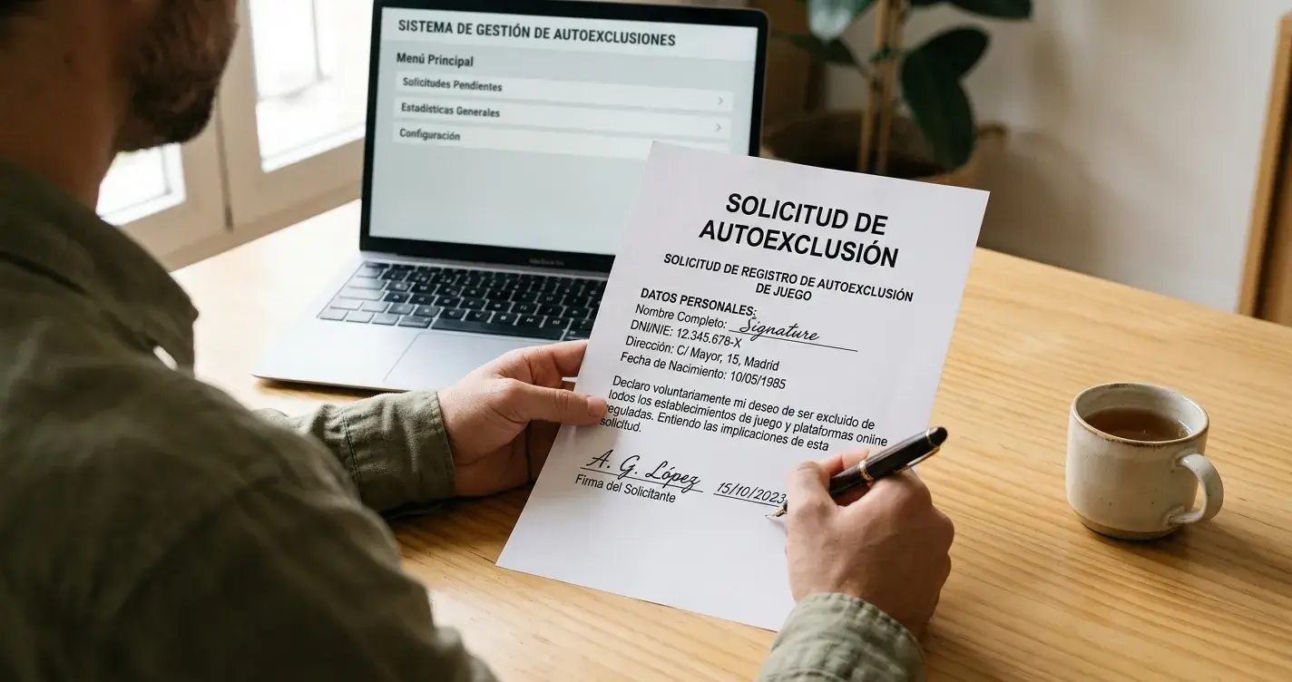 Mano completando un formulario impreso de autoexclusión sobre un escritorio con un ordenador portátil al fondo