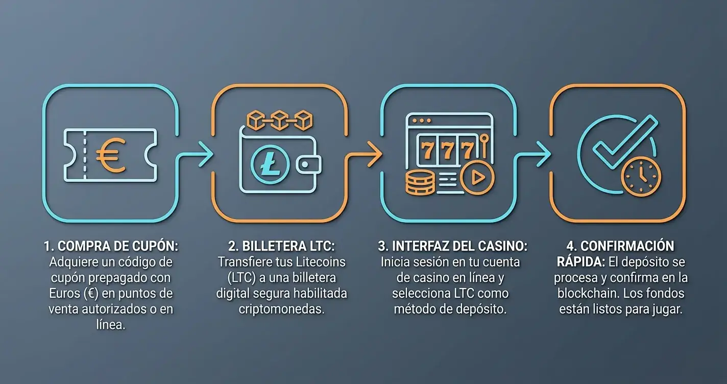 Tarjeta voucher Bitnovo junto a smartphone mostrando wallet Litecoin y dirección de depósito casino