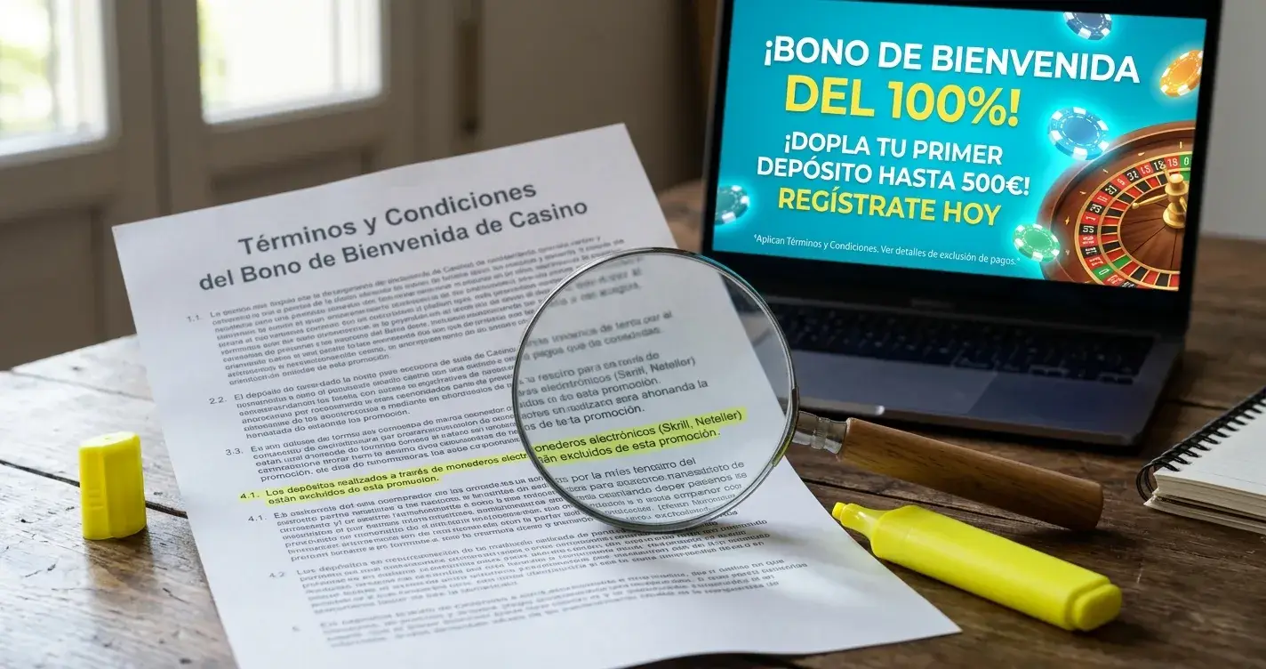 Lectura de las condiciones del bono de bienvenida en un casino con Skrill