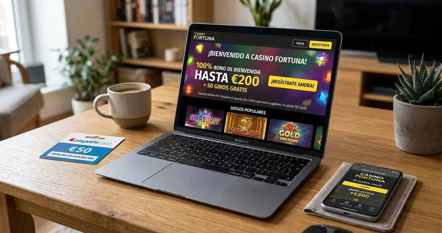 Laptop mostrando página de bono de bienvenida con vale paysafecard al lado