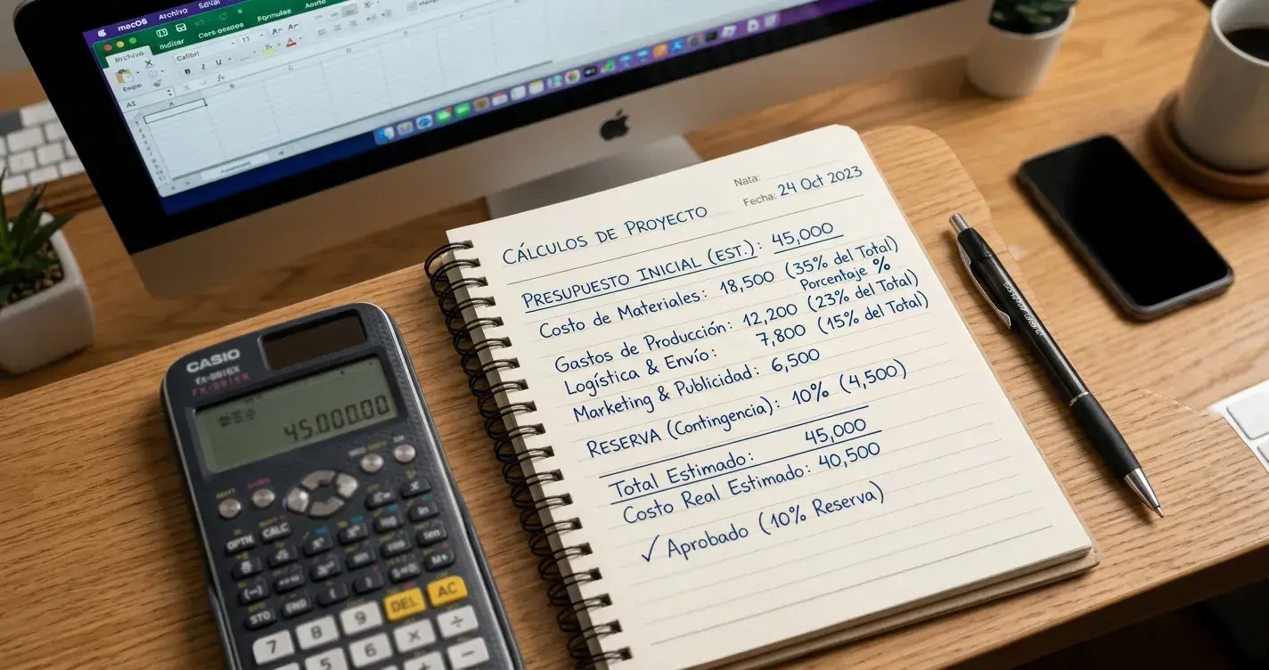 Cuaderno con notas de cálculo y signos de porcentaje junto a calculadora sobre escritorio