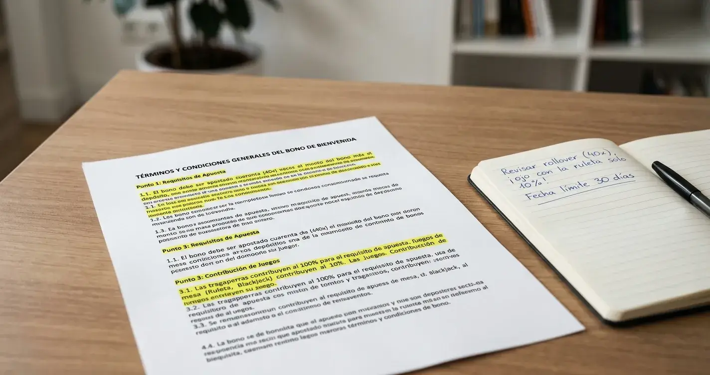 Mesa de escritorio con documento de términos y condiciones de bono destacado