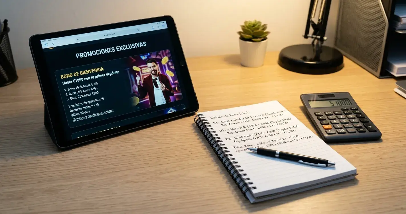 Tablet con página de bonos de casino, libreta con cálculos de rollover escritos a mano y calculadora sobre escritorio