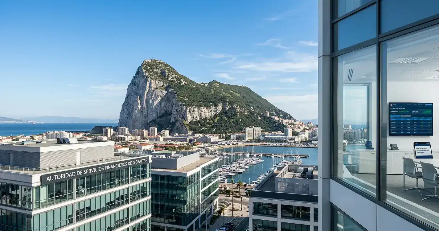 Vista panorámica del Peñón de Gibraltar con edificios de oficinas modernas