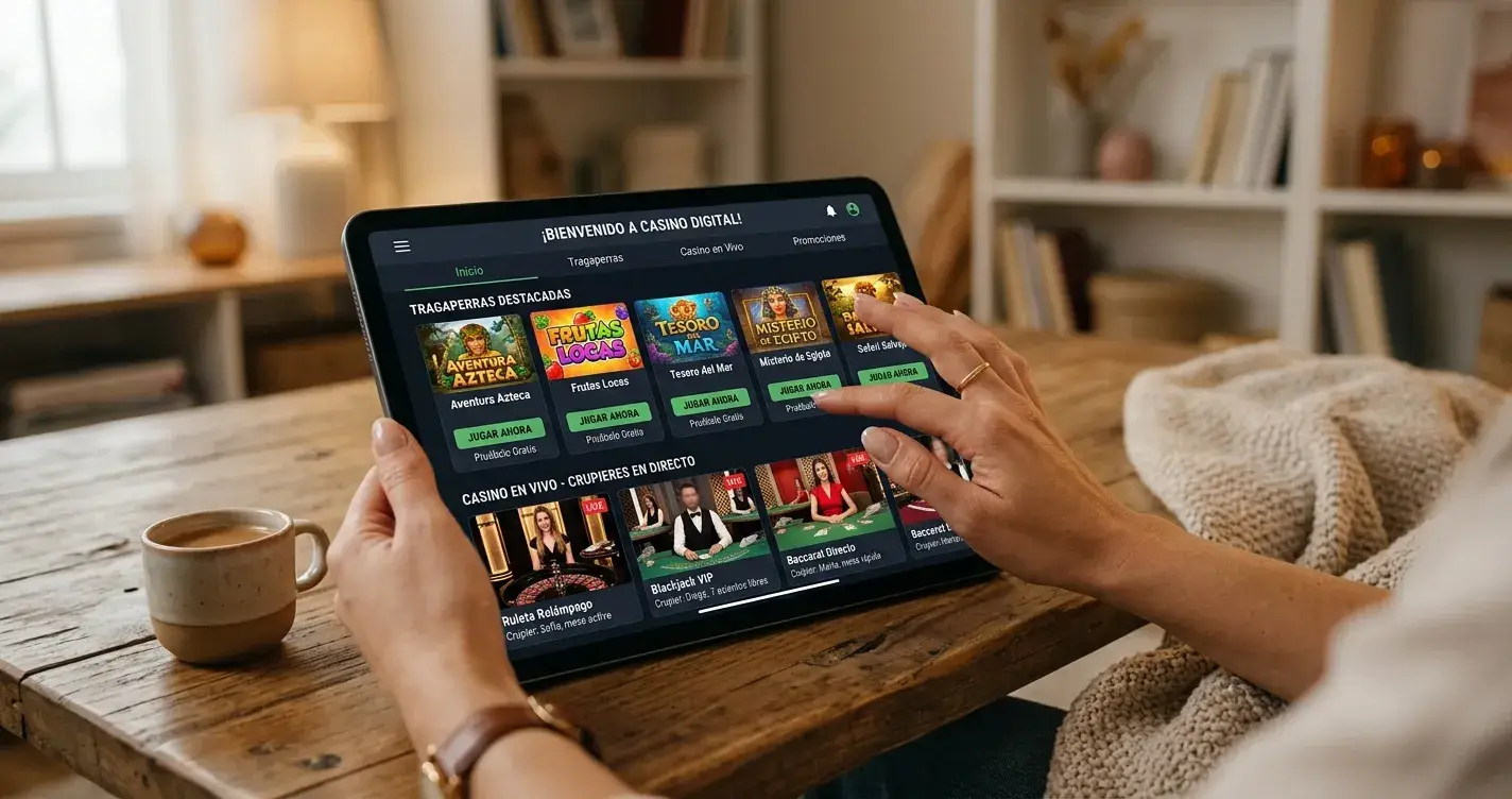 Interfaz de casino móvil con tragaperras y opciones de juego en vivo