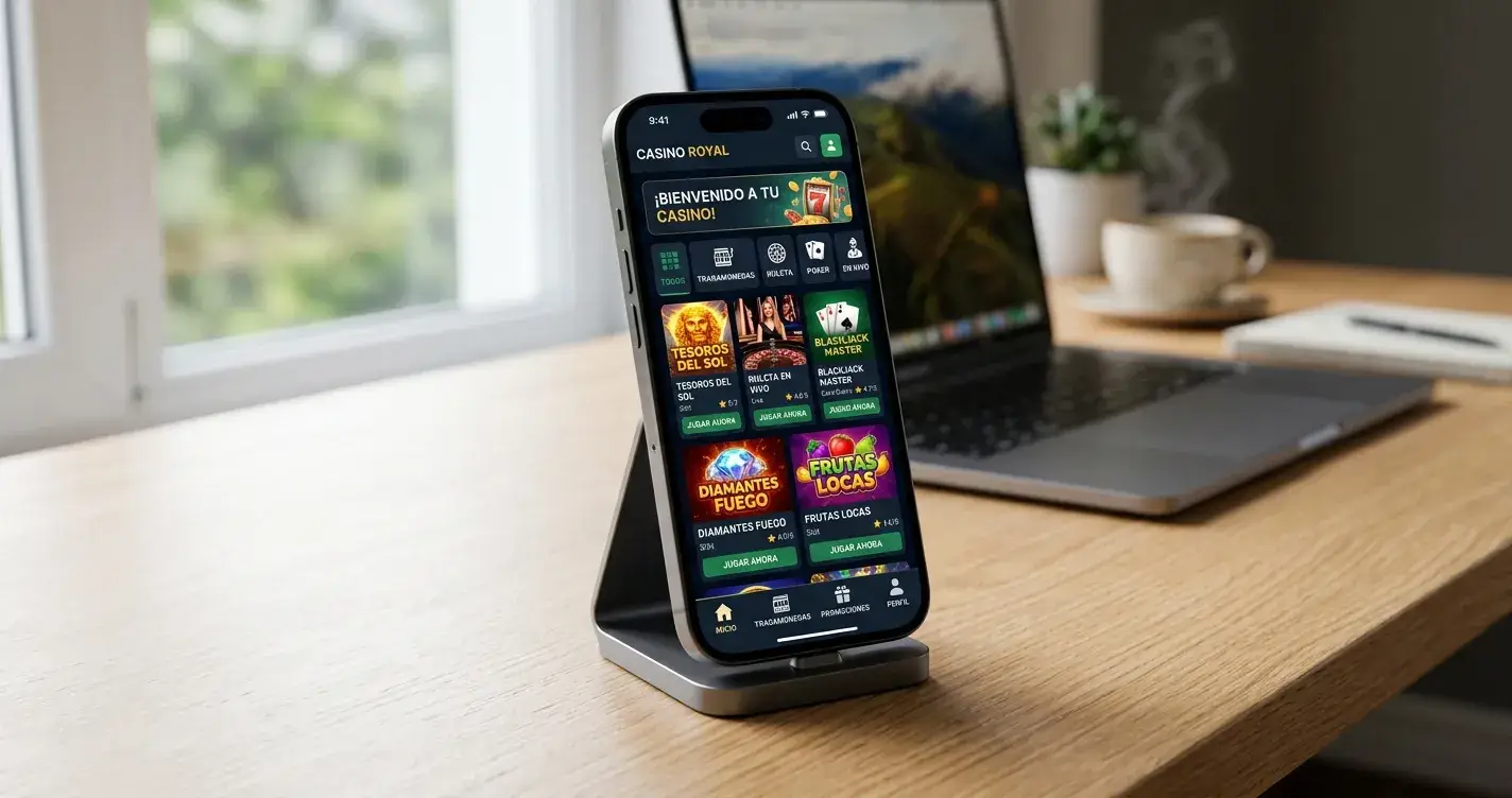 Smartphone en orientación vertical mostrando interfaz de app de casino con juegos, sobre escritorio minimalista moderno