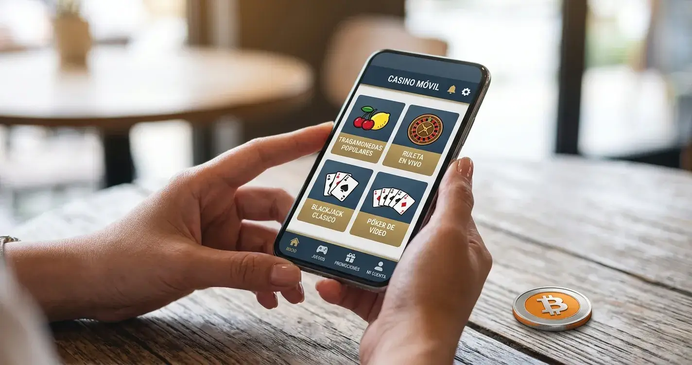 Manos sujetando un teléfono móvil con una interfaz limpia de casino y una ficha simbólica de Bitcoin Cash