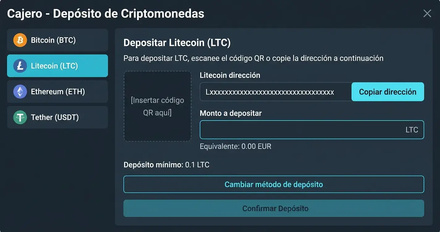 Interfaz de casino cripto mostrando múltiples criptomonedas disponibles incluyendo Litecoin con tiempos de confirmación