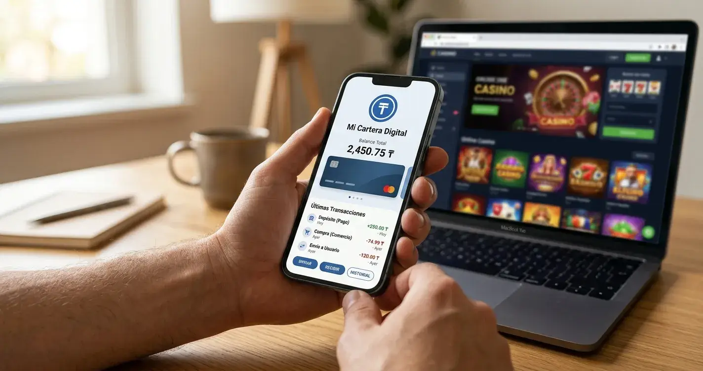 Billetera digital con criptomonedas y pantalla de casino offshore sin formulario de verificación