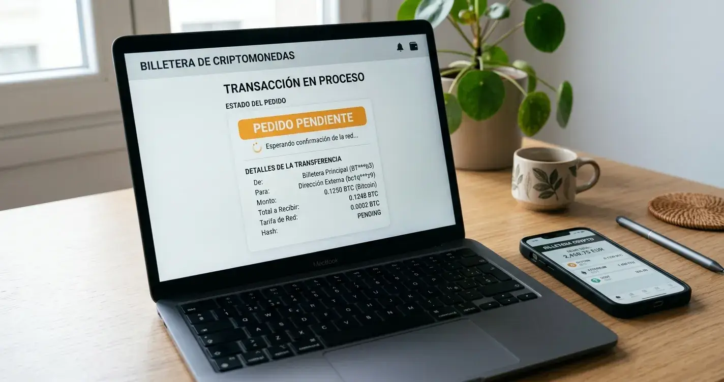 Pantalla de ordenador mostrando transacción en criptomonedas con símbolos de Bitcoin y Ethereum