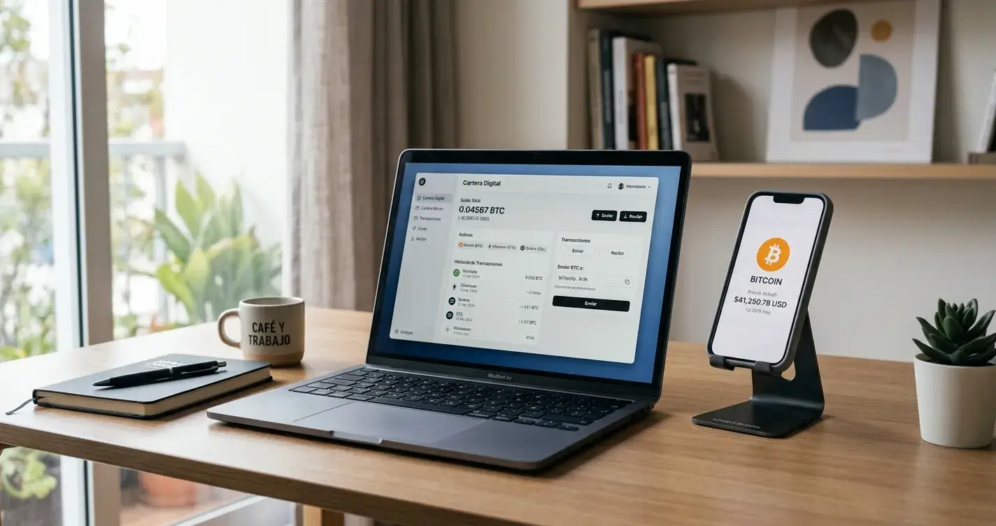 Escritorio moderno con laptop mostrando interfaz de casino crypto y monedero digital de criptomonedas
