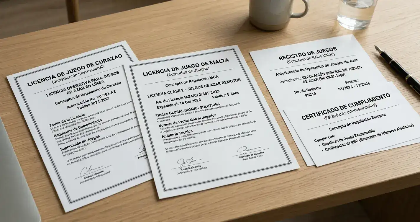 Comparativa visual de licencias de juego de distintas jurisdicciones sin logos reconocibles