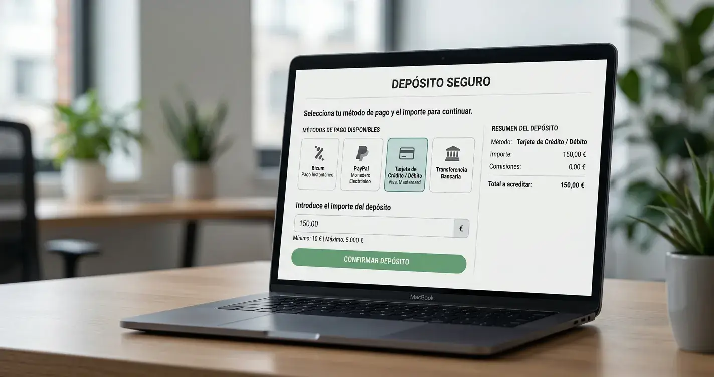 Interior moderno de casino online mostrando interfaz de depósito con métodos de pago españoles