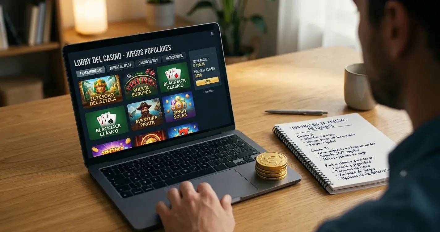 Escritorio con laptop mostrando lobby de casino online y tokens de criptomonedas