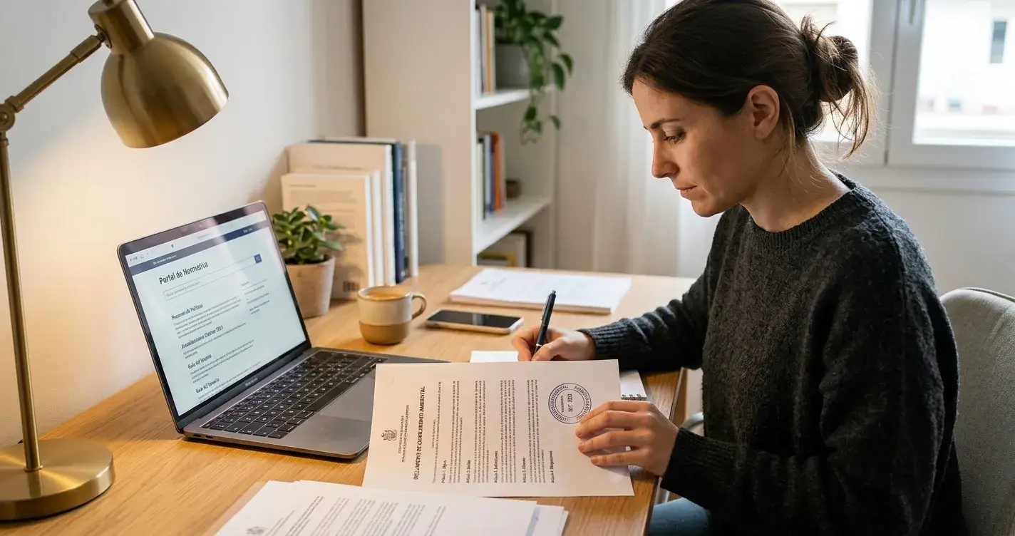 Persona revisando un documento regulatorio con sello oficial junto a un portátil en un escritorio ordenado