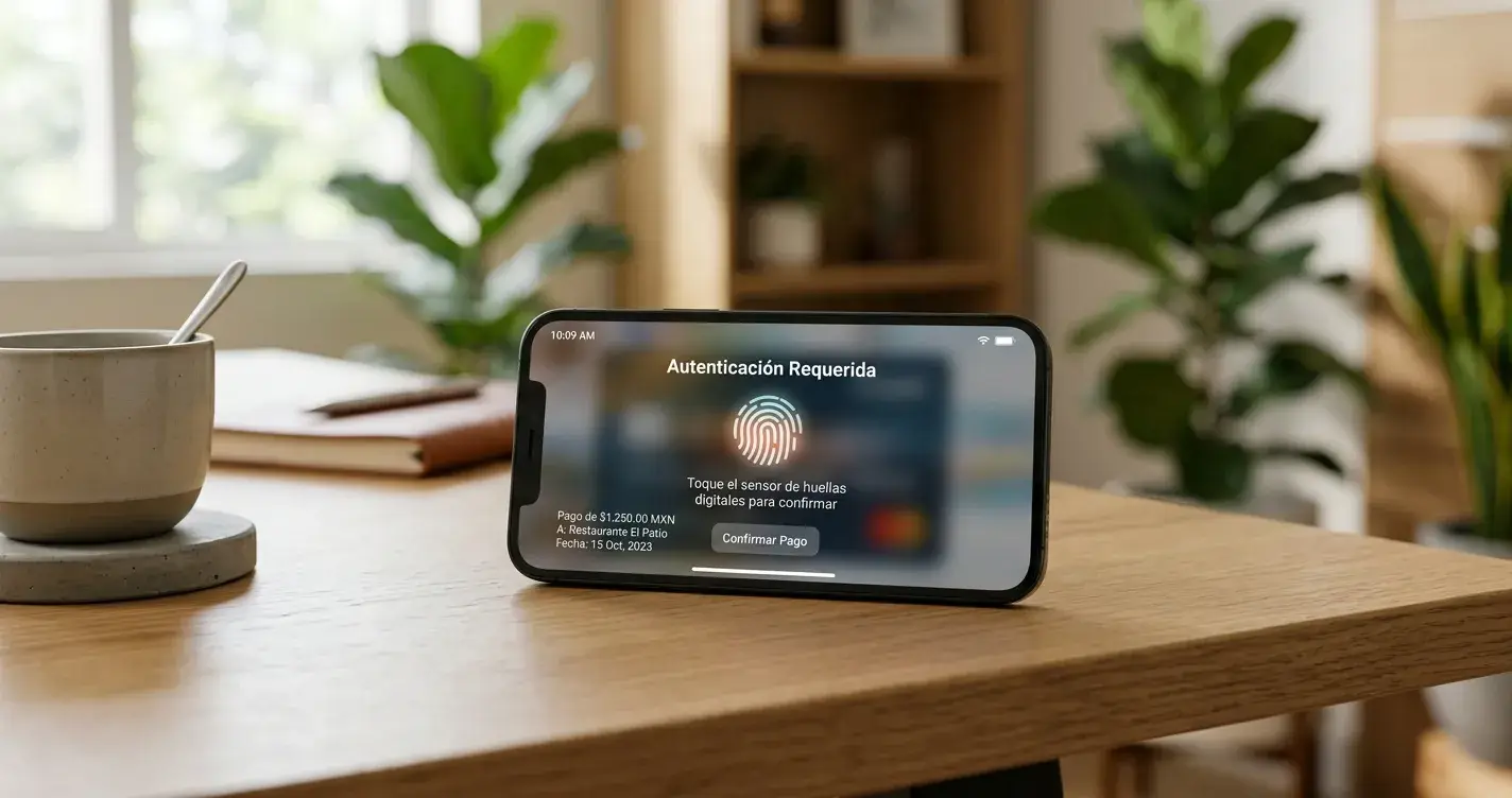 Smartphone con app de pago móvil segura y autenticación biométrica