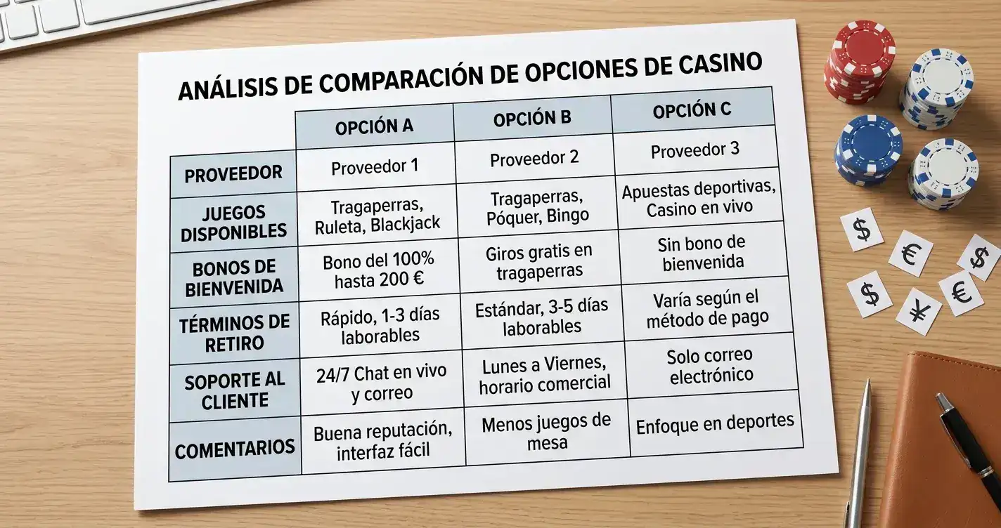 Documento comparativo de casinos con fichas genéricas sobre escritorio