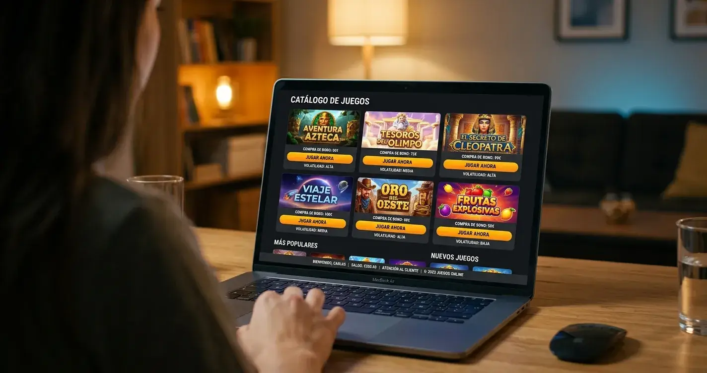Pantalla de casino mostrando catálogo de slots con función bonus buy activa y juegos de proveedores sin restricciones DGOJ