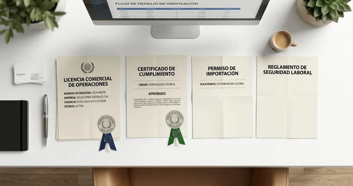 Documentos de licencia neutros con sellos genéricos sobre escritorio blanco