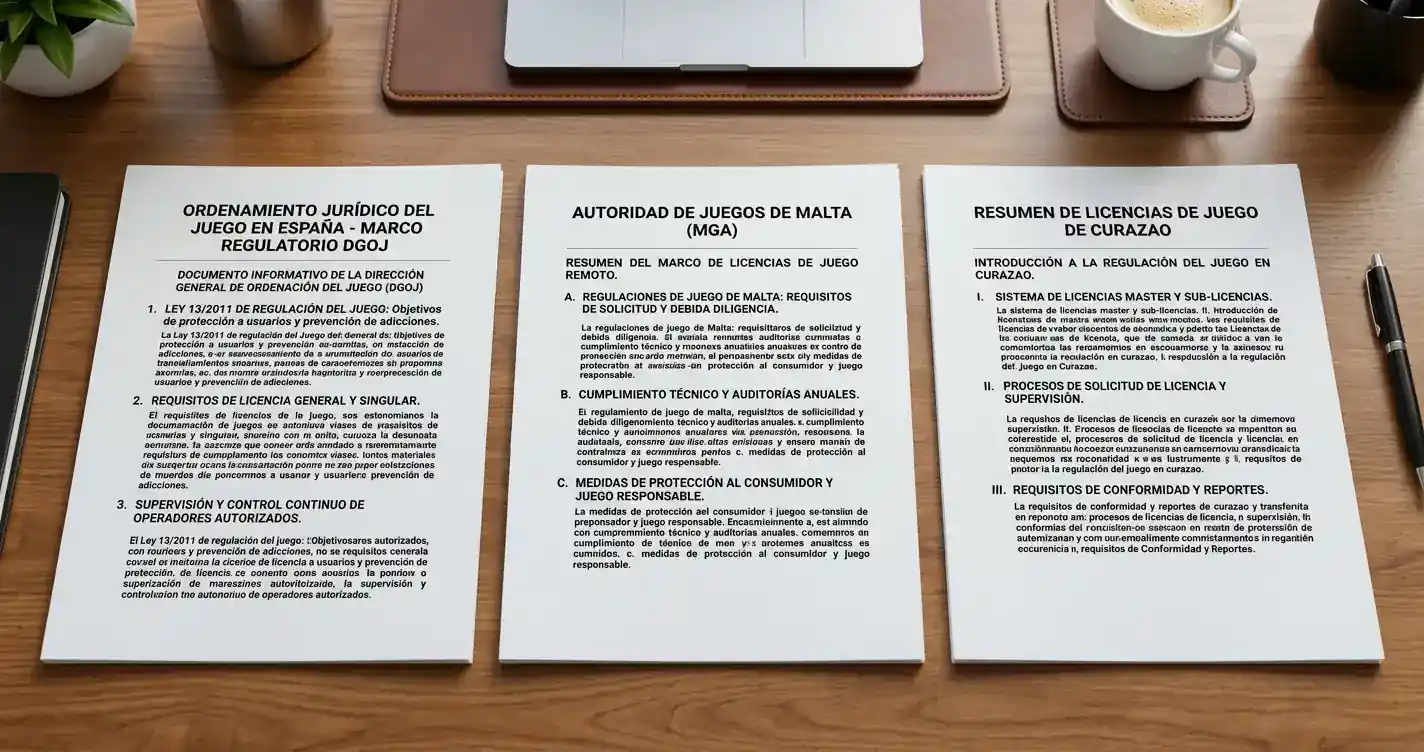 Comparativa visual de documentos DGOJ España frente a licencias internacionales Malta y Curazao sobre mesa de trabajo