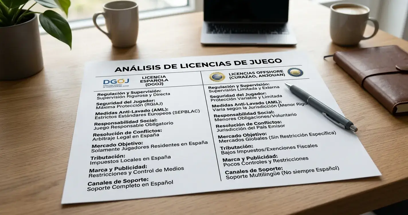Documento comparativo mostrando diferencias regulatorias entre licencias DGOJ y offshore