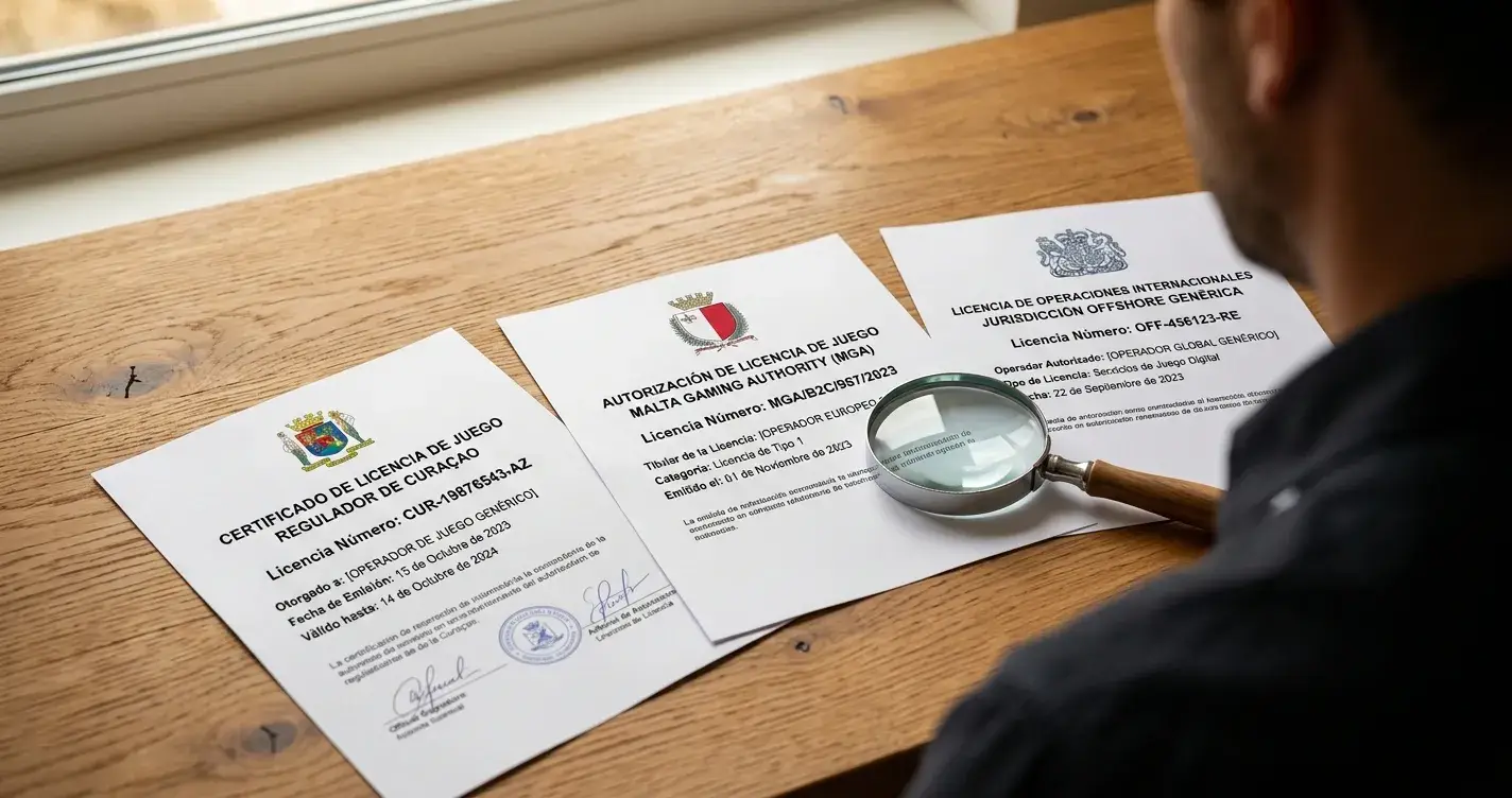 Documentos de licencias de diferentes jurisdicciones offshore con lupa sobre escritorio
