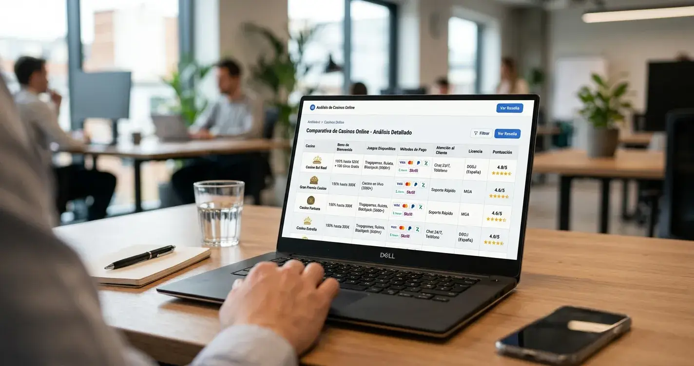 Tabla comparativa digital en pantalla de ordenador mostrando rankings de casinos online con columnas de datos