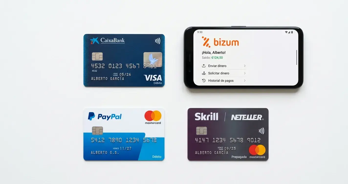 Comparación visual de métodos de pago: tarjetas, Bizum, PayPal y monederos electrónicos
