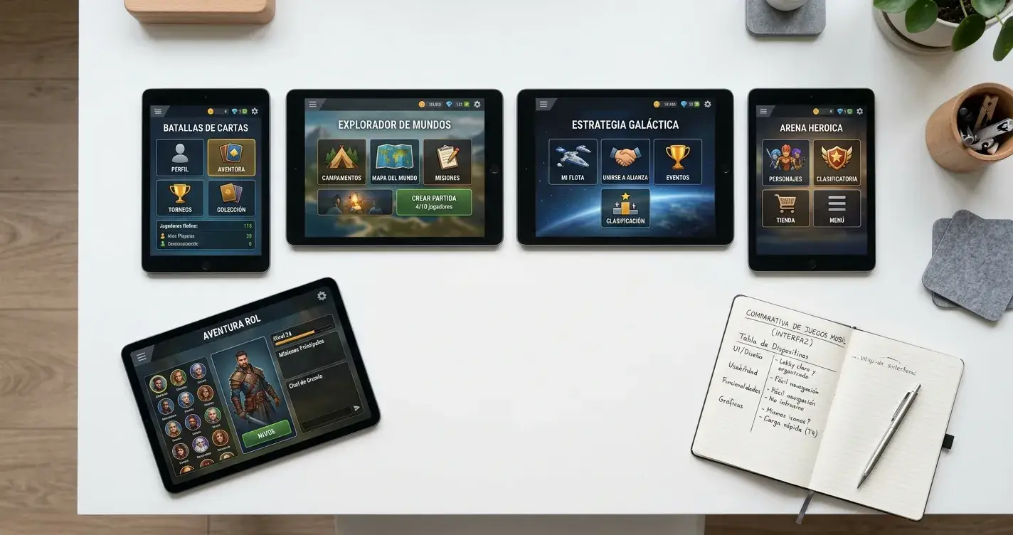 Varios dispositivos tablet sobre escritorio blanco mostrando interfaces de juego neutrales junto a un cuaderno de notas comparativas