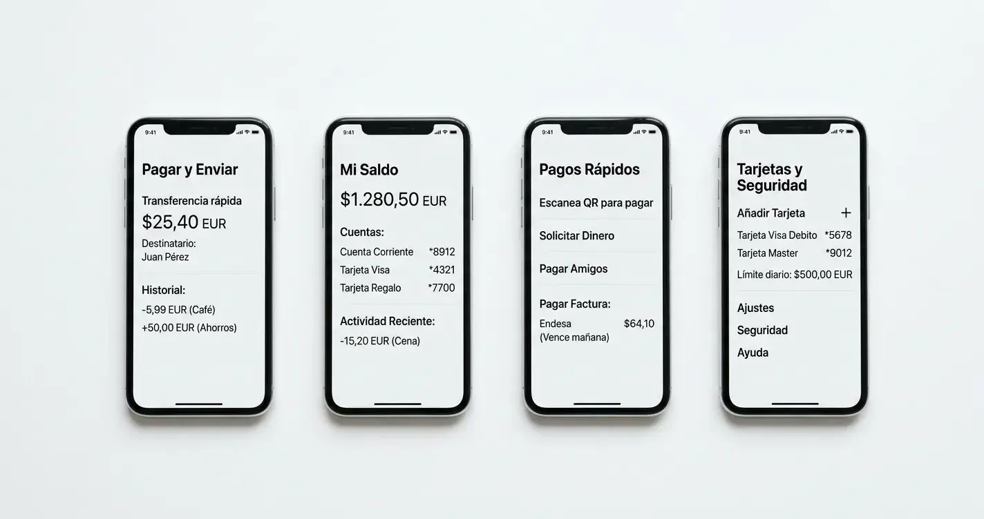 Cuatro smartphones en fila mostrando interfaces minimalistas de apps de pago sin logotipos