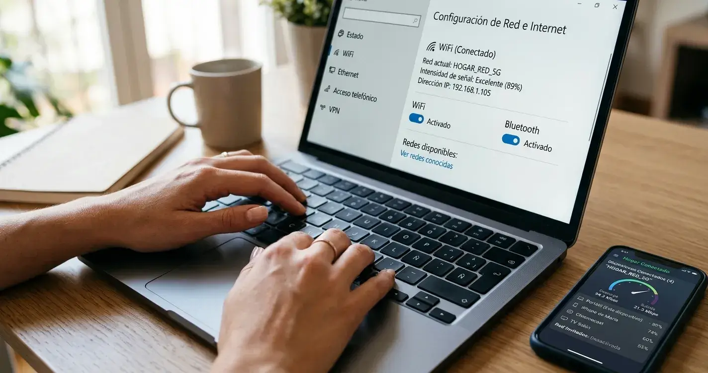 Primer plano de manos escribiendo en laptop con interfaz de configuración VPN