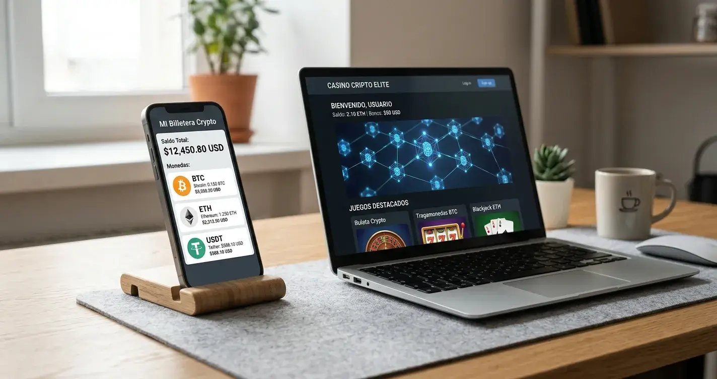 Smartphone con monedero cripto y portátil mostrando interfaz de casino con cadena de bloques
