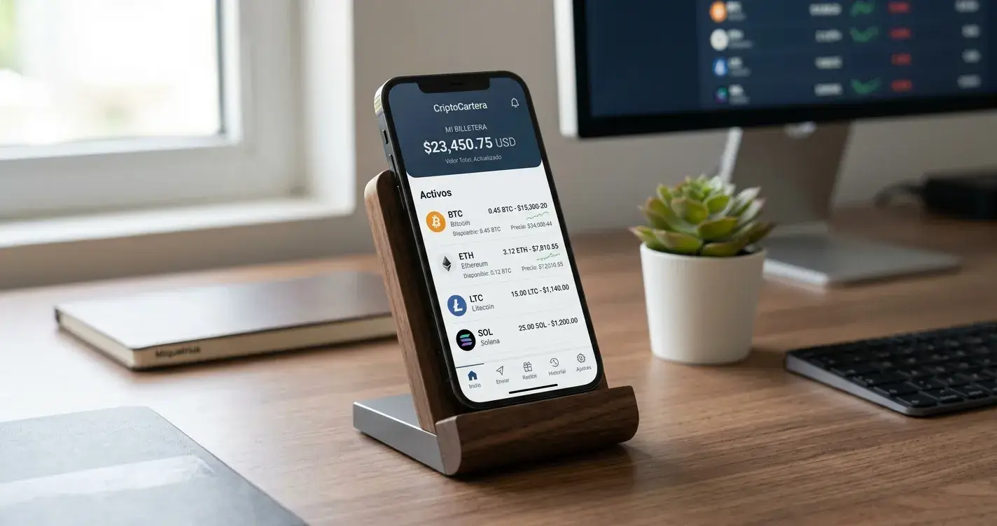 Interfaz de wallet de criptomonedas en smartphone con símbolos de Bitcoin y Ethereum