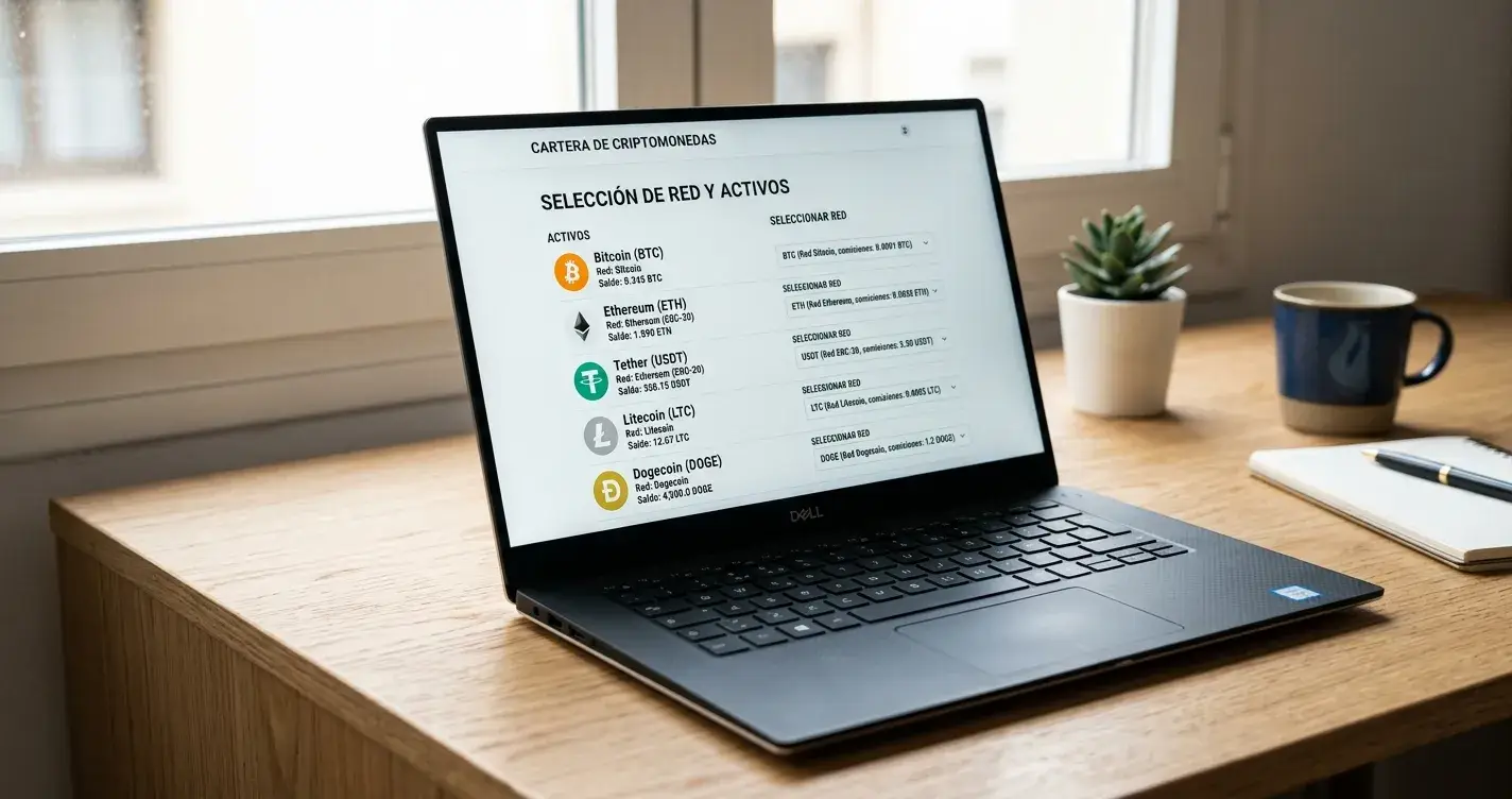 Laptop mostrando símbolos de Bitcoin, Ethereum, USDT y otras criptomonedas con selector de red blockchain