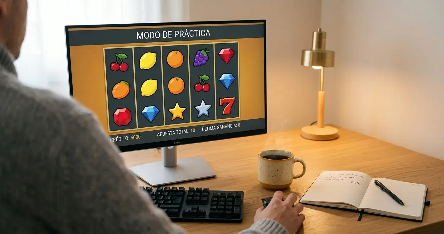 Pantalla de tragaperras en modo demo con saldo virtual sobre un fondo neutro de escritorio
