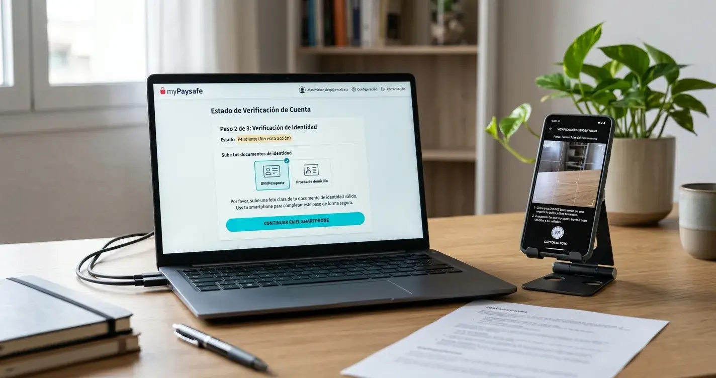 Laptop mostrando pantalla de verificación de cuenta myPaysafe con smartphone al lado
