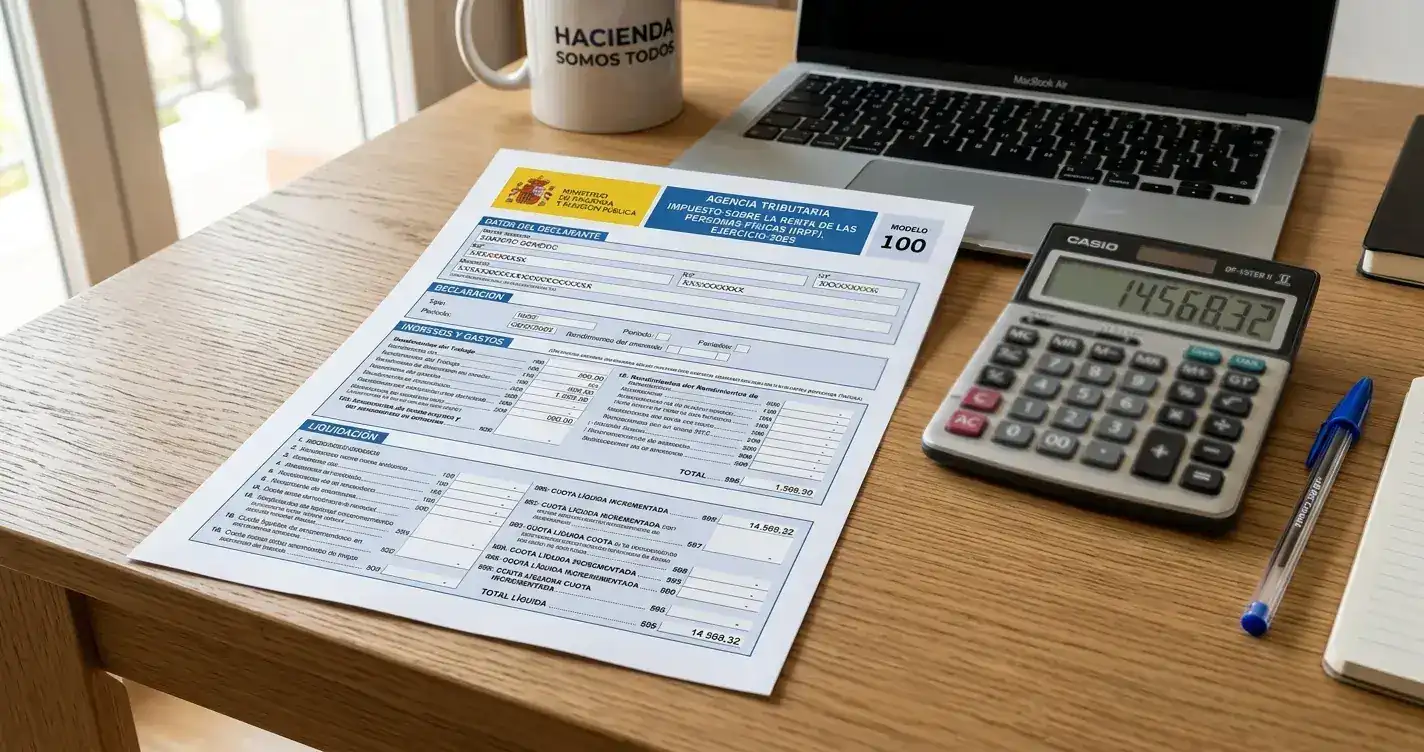 Formulario de declaración de IRPF modelo 100 con calculadora y bolígrafo
