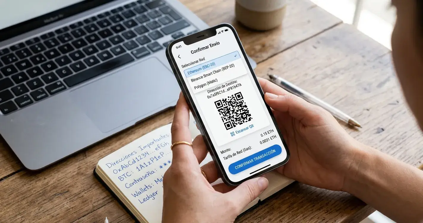 Manos sujetando smartphone con app de wallet cripto mostrando selección de red y código QR para depositar