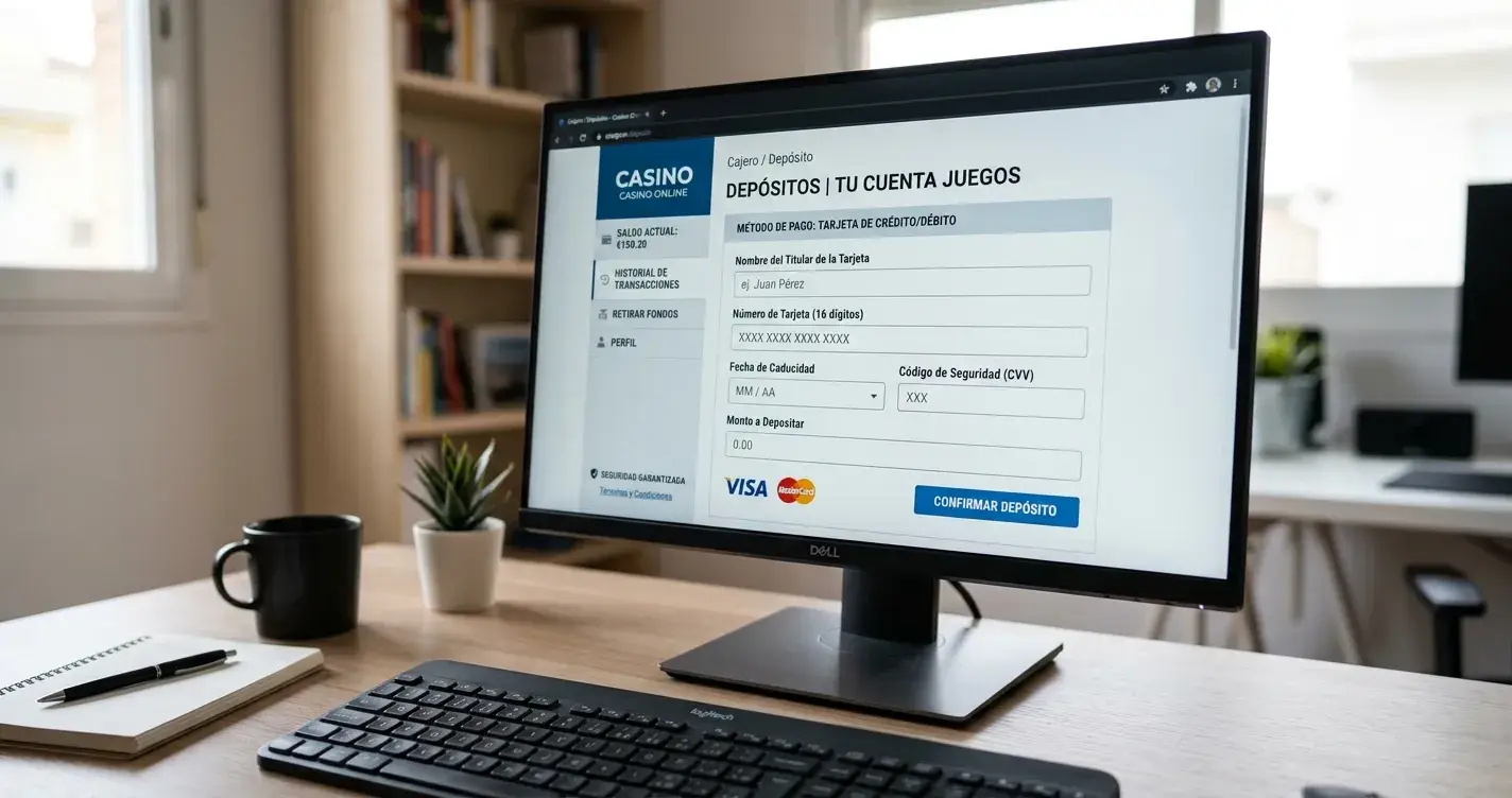 Pantalla de cajero de casino online mostrando formulario de depósito con tarjeta y campos de datos