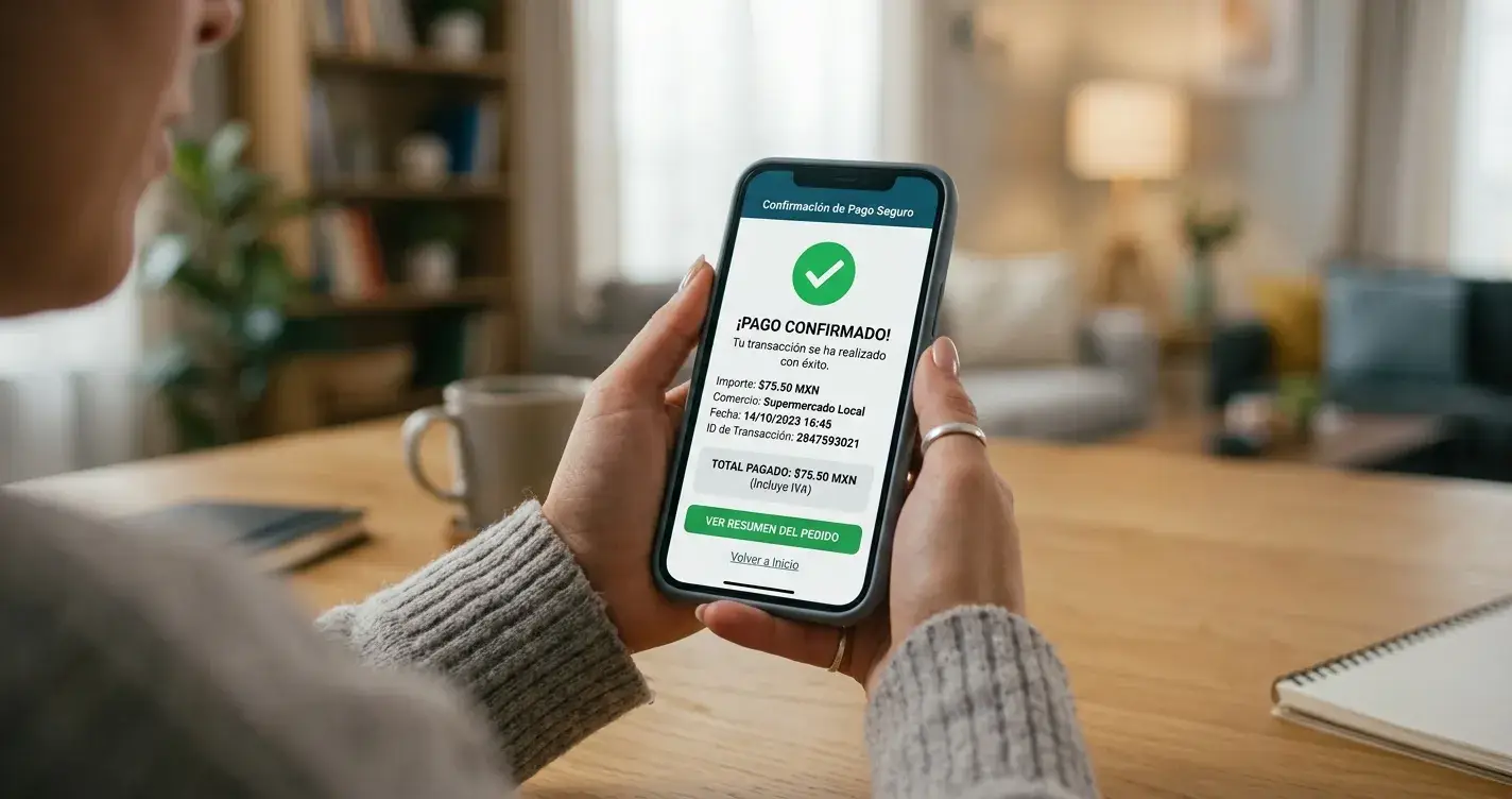 Manos sosteniendo smartphone mostrando pantalla de confirmación de pago seguro