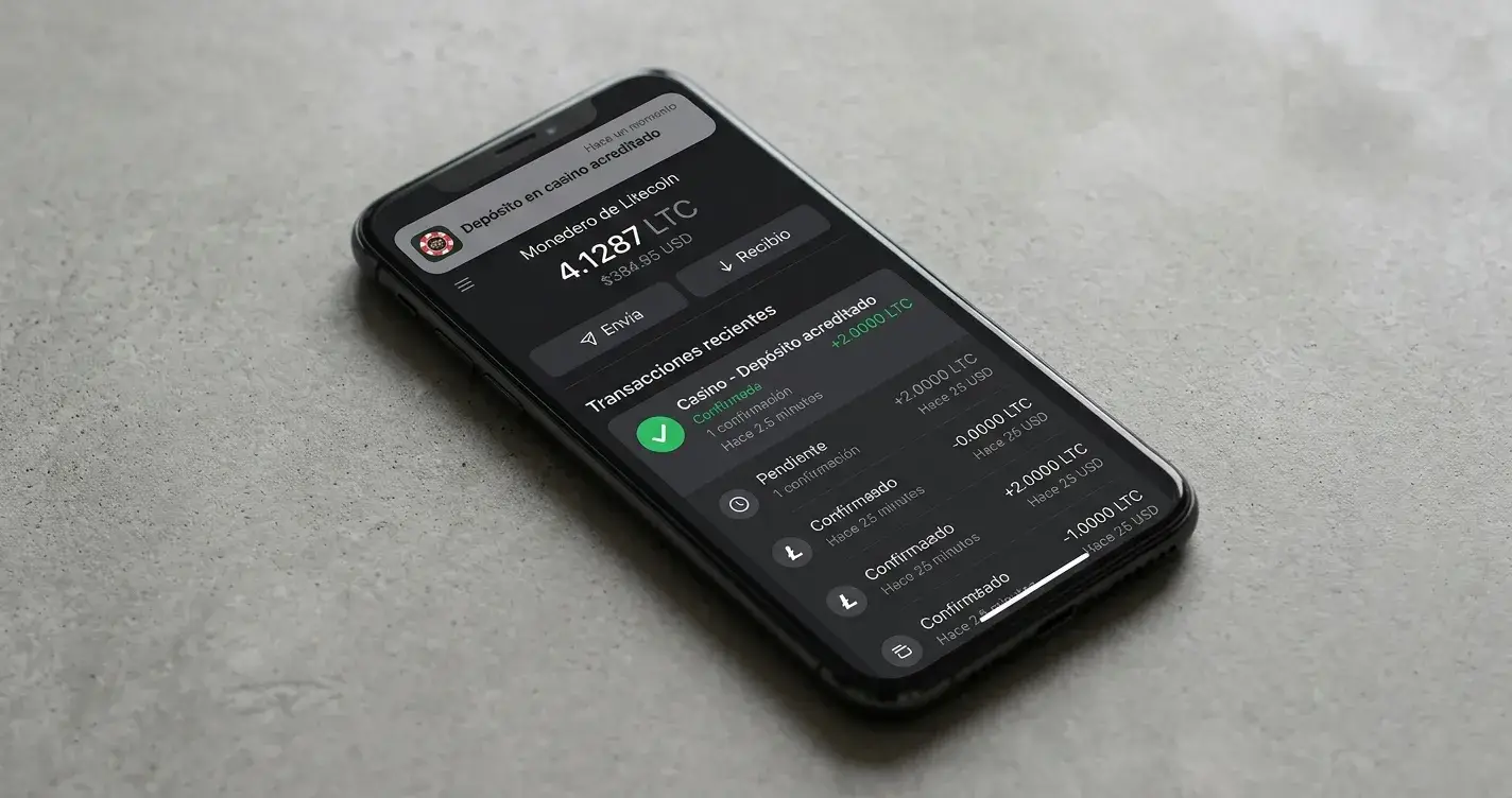 Pantalla de smartphone mostrando wallet Litecoin con transacción confirmada y notificación de acreditación en casino