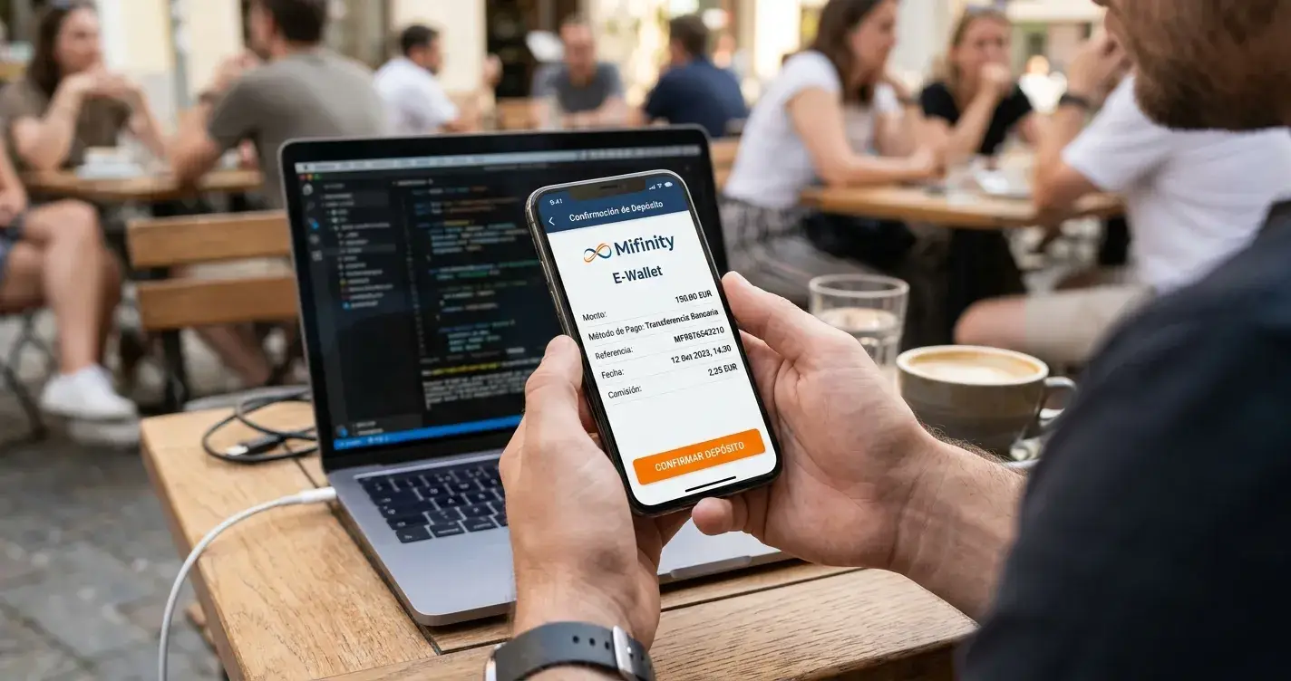 Persona usando smartphone para depositar con MiFinity en casino online