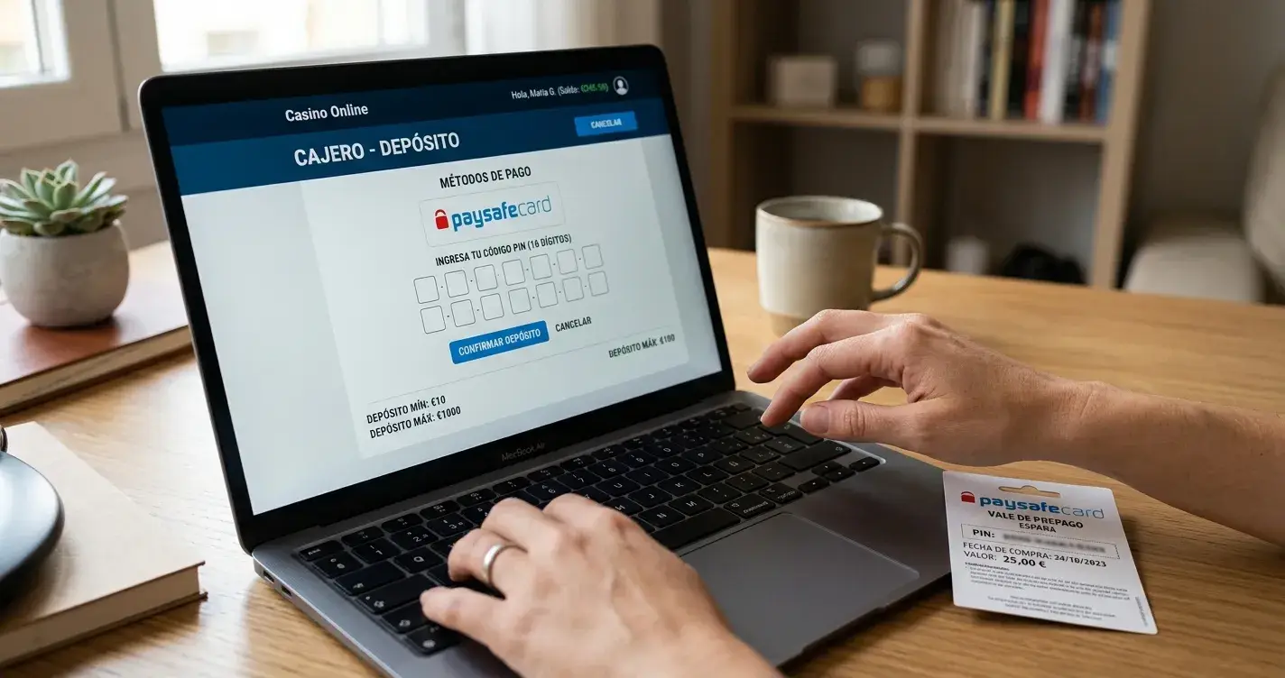 Manos introduciendo PIN de paysafecard en cajero de casino online