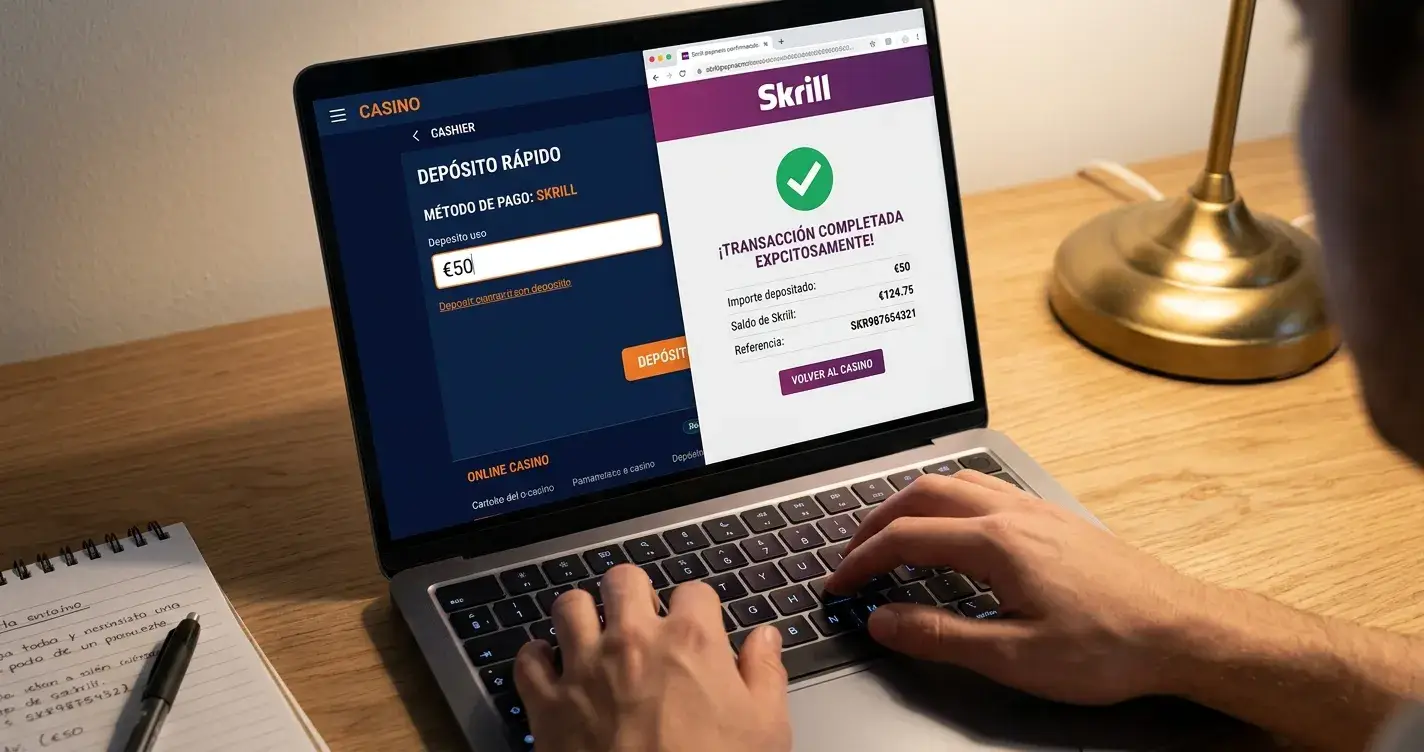Persona gestionando un depósito con Skrill en el casino desde el ordenador