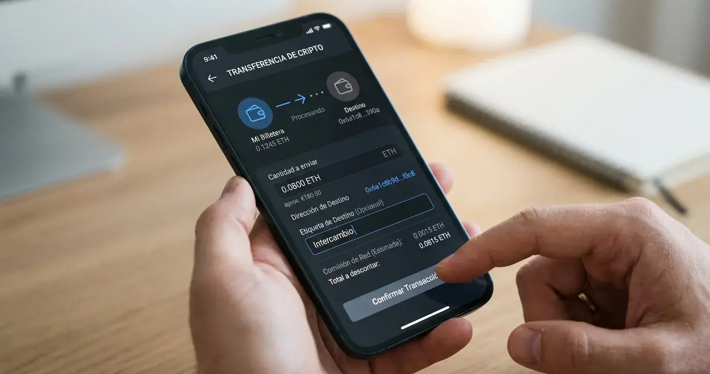 Smartphone mostrando interfaz de wallet crypto con campo de destination tag