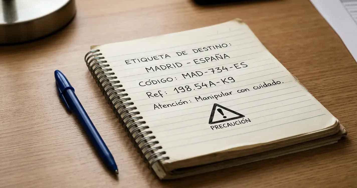 Libreta con código alfanumérico escrito a mano y símbolo de advertencia