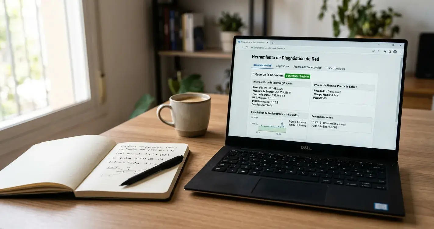 Laptop mostrando interfaz de diagnóstico de red con información de IP y conexión
