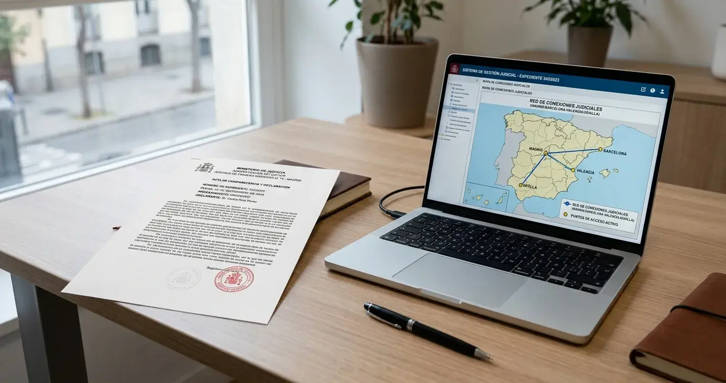 Documento legal español con sello oficial y laptop mostrando mapa de España