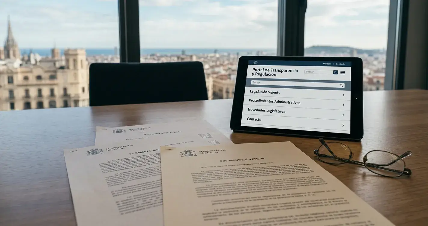 Documentos legales españoles con sello oficial y tablet mostrando web regulatoria